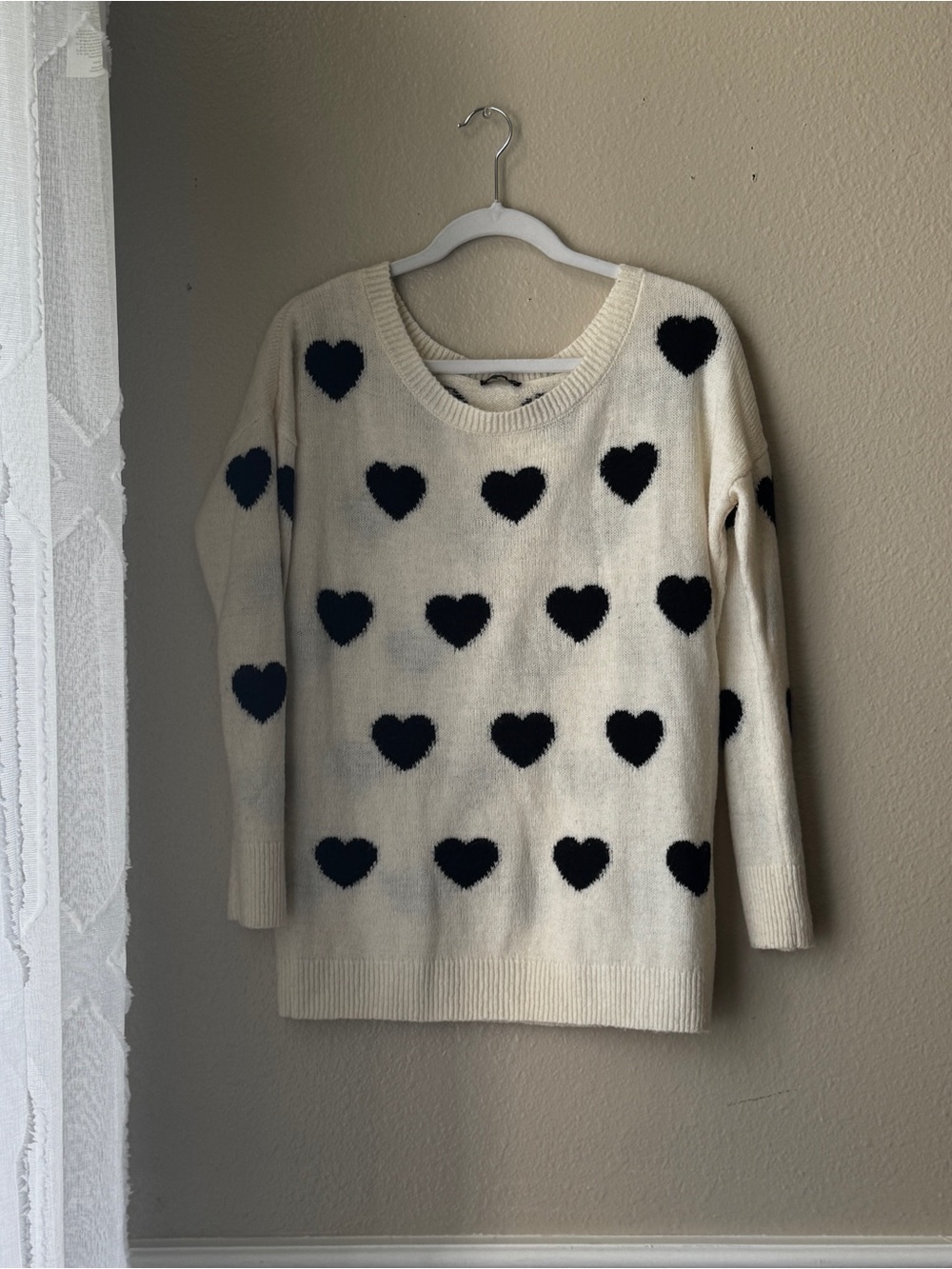 Express Cream Sweater with black Heart Pattern size medium